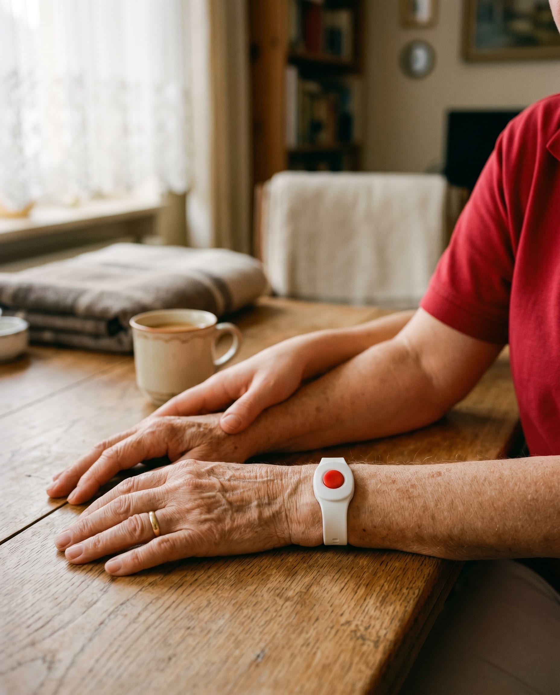 Hand einer Pflegekraft in Rot liegt beruhigend auf dem Arm einer Seniorin mit Notrufknopf am Handgelenk